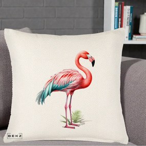 Perna Decorativa Flamingo Roz cu Pene Teal, 40x40 cm, Crem Reliefat, Husa Detasabila, Perna Inclusa, BEKZ®