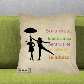 Cadou pentru Sora - Perna Personalizata Sora Mea Te Iubesc Siluete Colorate Umbrela, 40x40 cm, Crem, Husa Detasabila, Perna Inclusa, BEKZ®