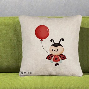 Perna Decorativa Buburuza cu Balon Rosu, 40x40 cm, Bej Canapea, Husa Detasabila, Perna Inclusa, BEKZ®