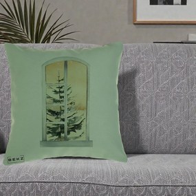 Perna Decorativa Fereastra cu Brad de Iarna, 40x40 cm, Verde, Husa Detasabila, Perna Inclusa, BEKZ®