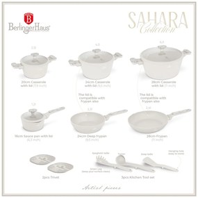Set oale si tigai cu capace 15 piese Sahara Marble Berlinger Haus BH8401, crem, antiaderente, compatibile inductie