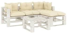 Set mobilier de gradina din paleti cu perne crem, 5 piese, lemn cream and white, 1