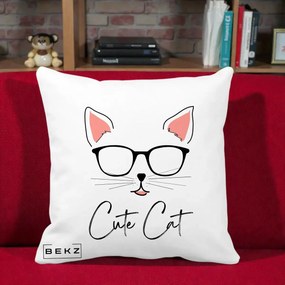 Perna Personalizata Cute Cat cu Ochelari, 40x40 cm, Alba Mata, Husa Detasabila, Perna Inclusa, BEKZ®