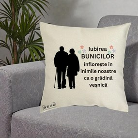 Cadou pentru Bunici - Perna Personalizata Bunicii Iubirea Infloreste Silueta Neagra Flori, 40x40 cm, Ecru, Husa Detasabila, Perna Inclusa, BEKZ®
