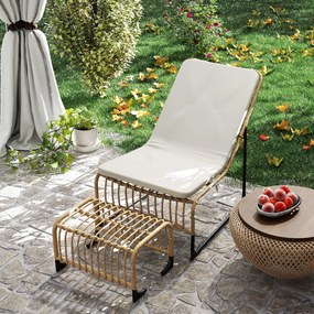 Outsunny Fotoliu de relaxare din ratan cu Fußhocker rezistent la UV, fotoliu de grădină cu perne Bänder 65 x 93 x 80 cm, lemn natural | Aosom Romania