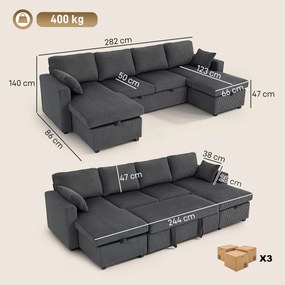 HOMCOM Canapea Extensibilă de Colț 282 cm, cu 2 Șezlonguri cu Depozitare, Gri Închis | Aosom Romania