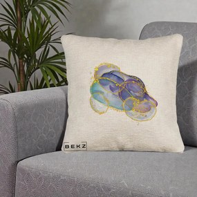 Perna Decorativa Abstract Acuarela Albastru-Mov cu Cercuri Aurii, 40x40 cm, Bej Canapea, Husa Detasabila, Perna Inclusa, BEKZ®