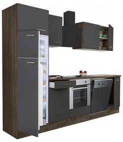 Mobilă de bucătărie Yorki 280, corp din stejar Yorki, față antracit satinat cu element inferior al cuptorului și frigider cu congelator superior