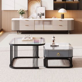Set de 2 Măsuțe de Cafea Suprapozabile cu Blat din Marmură Lucioasă și Sticlă, Structură din Metal și Sertare, 60x60x42 cm + 50x50x34 cm, Negru
