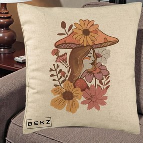 Perna Decorativa Fata Ciuperca Florala Boho, 40x40 cm, Bej, Husa Detasabila, Perna Inclusa, BEKZ®