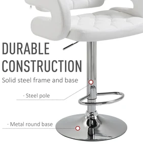 HOMCOM Scaun inalt de bar cu Spatar si Brate, Reglabil, Rotativ din Piele sintetica Alba, pentru Bucatarie sau Pub, 64x50x94-114cm | Aosom Romania
