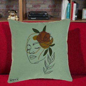 Perna Decorativa Portret Feminin Trandafir Ruginiu, 40x40 cm, Verde, Husa Detasabila, Perna Inclusa, BEKZ®