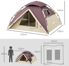 Outsunny Cort Camping 2 Locuri cu 2 Ferestre și Cârlig Interior, Cort Camping din Poliester și Fibră de Sticlă, 225x190x130 cm, Kaki | Aosom Romania