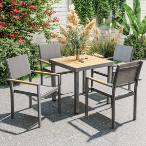 Outsunny Lot de 4 scaune de grădină, scaune de masă cu brațe efect de lemn cadru din aluminiu, gri deschis | Aosom Romania