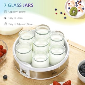 HOMCOM Mașină de Făcut Iaurt cu 7 Borcane Sticlă 180ml Cronometru Termostat Ajustabil Afisaj LED Deserturi Casnice | Aosom Romania