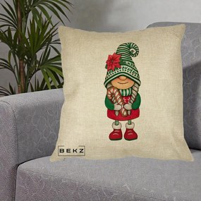 Perna Decorativa Gnom Craciun Verde cu Bomboane si Floare, 40x40 cm, Crem, Husa Detasabila, Perna Inclusa, BEKZ®