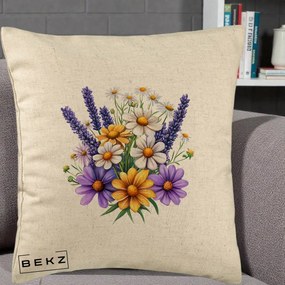 Perna Decorativa Lavanda Musetel si Flori Mov, 40x40 cm, Bej, Husa Detasabila, Perna Inclusa, BEKZ®