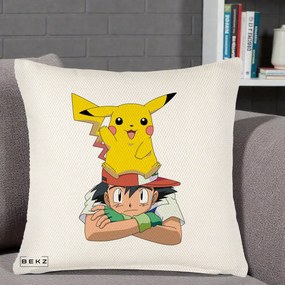 Perna Personalizata Ash si Pikachu, 40x40 cm, Crem Reliefat, Husa Detasabila, Perna Inclusa, BEKZ®