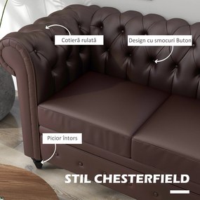 HOMCOM Canapea cu 2 locuri in stil Chesterfield din piele ecologica, lemn si metal, canapea clasica cu perna detasabila, 160x84x80 cm, maro