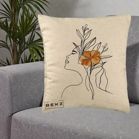 Perna Decorativa Portret Feminin Floare Portocalie Lateral, 40x40 cm, Bej, Husa Detasabila, Perna Inclusa, BEKZ®