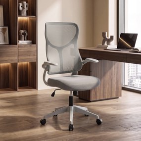HOMCOM Scaun de birou ergonomic rotativ, cu cotiere rabatabile, funcție de balans, înălțime reglabilă, din plasă, gri | Aosom Romania