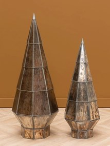 Brad decorativ din sticlă și metal, argintiu, formă conică, bază geometrică în trepte, finisaj patinat, 105 x 37 cm, „Grafik”