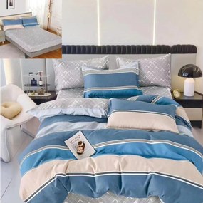 Lenjerie de pat cu elastic, tesatura tip finet, pat 2 persoane, 6 piese, albastru inchis, T231