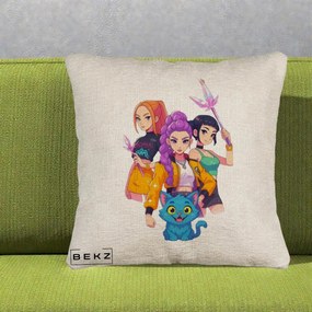 Perna Personalizata K-pop HUNTRX Trio cu Pisica si Cristale, 40x40 cm, Bej Canapea, Husa Detasabila, Perna Inclusa, BEKZ®