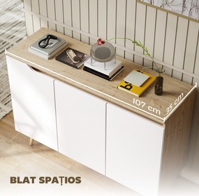 HOMCOM Bufet Bucătărie, Mobilier Bucătărie cu 3 Uși, Rafturi Ajustabile și 5 Picioare din Lemn de Cauciuc, Stil Modern, Bufet pentru Living, Sufragerie, Sală de Masă, Alb și Stejar | Aosom Romania