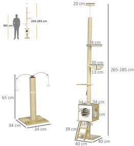 PawHut Ansamblu pentru Pisici Reglabil din PAL cu Stâlp de Zgâriat, Spațiu de Joacă și Odihnă, 40x40x225-285 cm, Bej | Aosom Romania