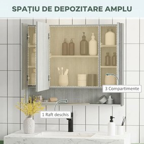 kleankin Dulap cu Oglindă cu 4 Secțiuni și Rafturi Reglabile, Oglindă de Baie din Lemn și Sticlă, 90x15x75 cm, Gri | Aosom Romania