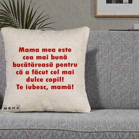 Cadou pentru Mama - Perna Personalizata Mama cea Mai Buna Bucatareasa, 40x40 cm, Bej Canapea, Husa Detasabila, Perna Inclusa, BEKZ®