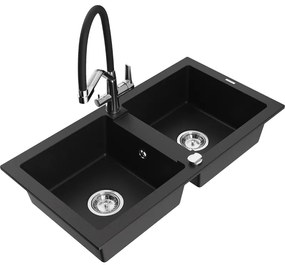 Mexen Mario chiuvetă de bucătărie din granit cu 2 compartimente și baterie Duo, negru - 6504-77-671701-07