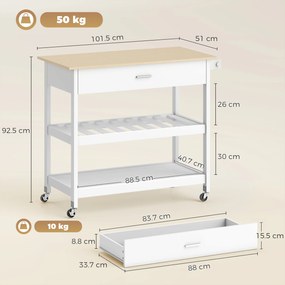 HOMCOM Cărucior de bucătărie cu depozitare, insulă mobilă de bucătărie cu blat mare, sertar, 2 rafturi deschise, suport pentru prosoape, Alb | Aosom Romania