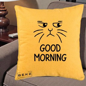 Perna Decorativa Pisica Morocanoasa Good Morning, 40x40 cm, Galben, Husa Detasabila, Perna Inclusa, BEKZ®