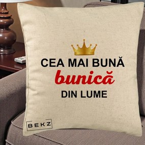 Cadou pentru Bunica - Perna Personalizata Cea Mai Buna Bunica Din Lume Coroana Aurie, 40x40 cm, Bej, Husa Detasabila, Perna Inclusa, BEKZ®
