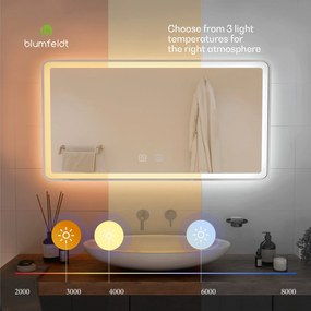blumfeldt Caledonian, oglinda de baie LED, design LED IP44, 3 temperaturi de culoare, 120 x 70 cm, reglabila, functie anti-aburire, buton tactil