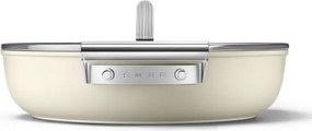 Oală joasă cu capac Smeg DPF2812CRM, 28 cm, 4,3 l, acoperire ceramică antiaderentă, potrivită pentru cuptor până la 250 °C, fără PFAS, compatibilă cu plitele cu inducție, culoare crem
