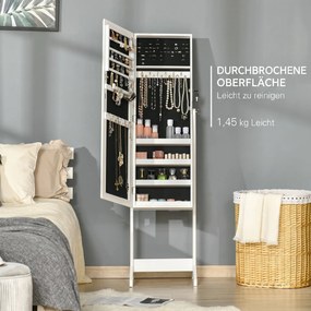 HOMCOM Oglindă Portbijuterii, Dulap Portbijuterii cu Unghi Reglabil, Organizator pentru Inele, Coliere, Cercei, Încuietoare cu Cheie, pentru Dormitor, Living, 46x36.5x151.5cm, Alb | Aosom Romania
