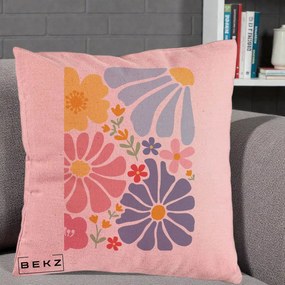 Perna Decorativa Flori Grafice Pastel Multicolor, 40x40 cm, Roz, Husa Detasabila, Perna Inclusa, BEKZ®