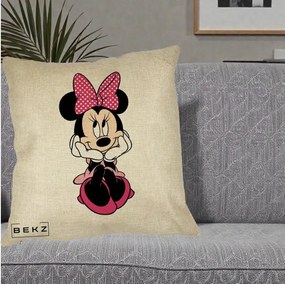 Perna Personalizata Minnie Mouse cu Fundita, 40x40 cm, Crem, Husa Detasabila, Perna Inclusa, BEKZ®