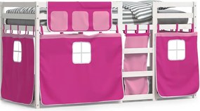 vidaXL Pat supraetajat cu perdele, roz, 75x190 cm, lemn masiv pin