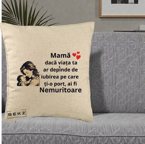 Cadou pentru Mama - Perna Personalizata Mama Nemuritoare Aproape de Bebe, 40x40 cm, Bej, Husa Detasabila, Perna Inclusa, BEKZ®