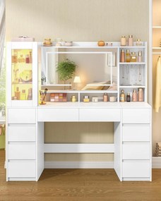 Masuta de machiaj 140 cm, cu Oglinda LED si 10 Sertare pentru Cosmetice, Set Masa toaleta Alba, masuta cosmetica, vanity cu dulapior si rafturi -