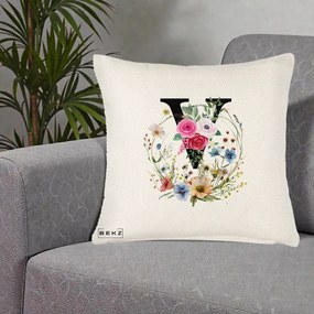 Cadou Personalizat - Perna Personalizata Monograma Florala Litera V cu Coroana, 40x40 cm, Crem Reliefat, Husa Detasabila, Perna Inclusa, BEKZ®