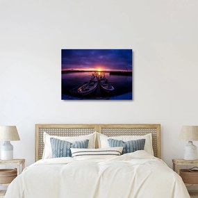Tablou pe sticlă cu barci pescărești în port (70x50 cm)