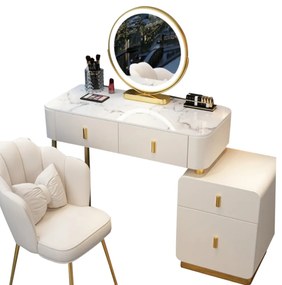 Set Eleanor, Masă de toaletă pentru machiaj cu oglindă iluminată LED, control touch, 4 sertare, comoda, scaun, Bej,