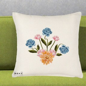 Perna Decorativa Buchet Primavara Acuarela, 40x40 cm, Crem Reliefat, Husa Detasabila, Perna Inclusa, BEKZ®