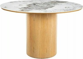 Masă RONDO, alb lucios/stejar, ceramică/furnir/MDF, Ø120x76 cm