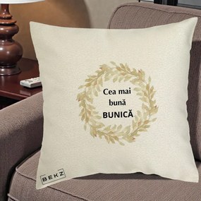 Cadou pentru Bunica - Perna Personalizata Cea Mai Buna Bunica Coronita Frunze Acuarela, 40x40 cm, Ecru, Husa Detasabila, Perna Inclusa, BEKZ®